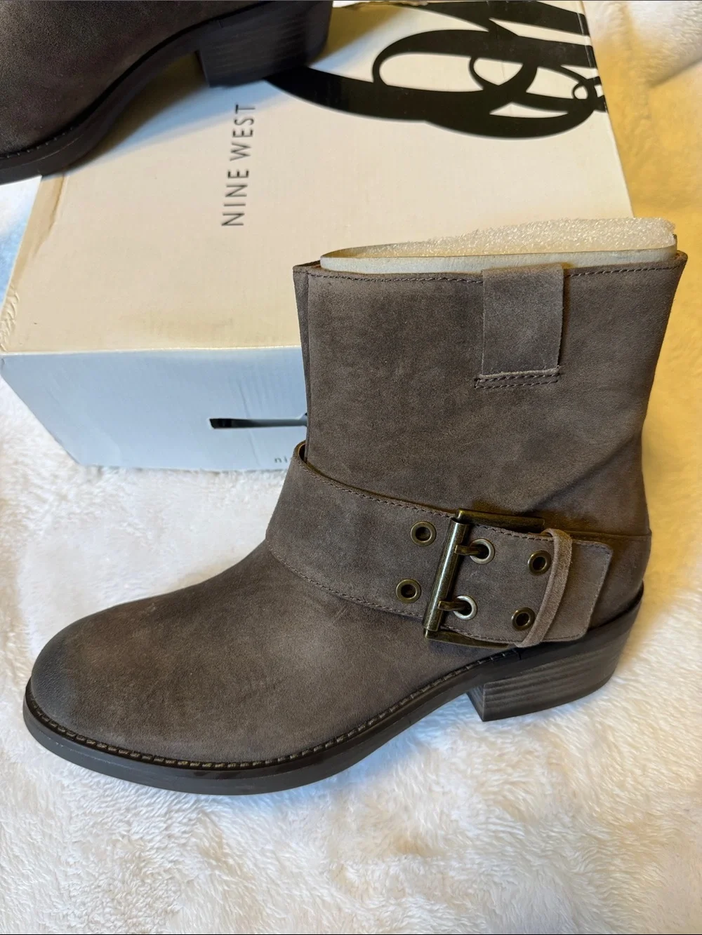 Nine West Gray Taupe Suede Buckle Ankle Boots